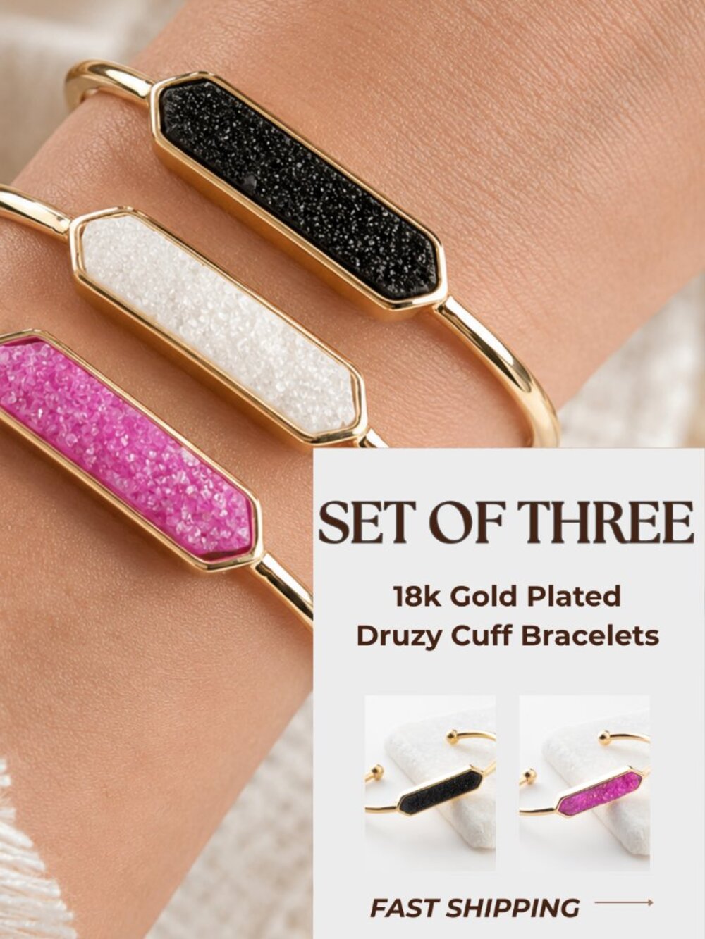 Set of 3 Druzy Quartz Open Cuff Bangles - NWOT
